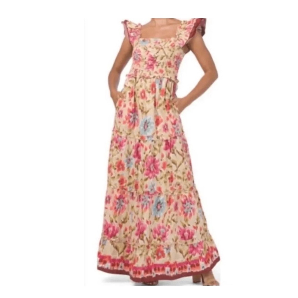 House of Harlow 1960 Zoey Khaki Floral Smocked Tiered Maxi Dress Womens Medium